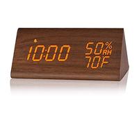 Fdit Affichage LED Température de Contrôle Sonore Humidité en Bois Digital Electronic Alloc Alarm for Bedroom Bedside Office, avec Horloge Multifonction, Design Moderne (Brun Clair,