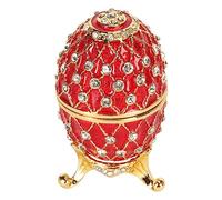 Fdit Boîte à Bijoux en Forme D'œuf de Pâques en Strass Peinte à la Main, Rangement de Bijoux à Charnière en Alliage de Zinc avec Base de Trépied, Petite Boîte Décorative pour Perles, (rouge)