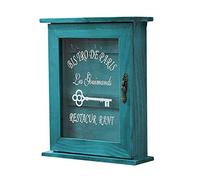 Fdit Boîte de Rangement à clé en Bois Magnétique, Belle Boîte de Clés de Clés Murale Organisateur de Porte en Verre Rétro Boîte de Porte-clés avec 6 Crochets pour la Décoration (Blue)