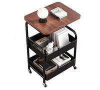 Fdit Chariot Roulant à 3 Niveaux avec Dessus en Bois, étagère de Rangement en Métallique Robuste pour Cuisine et Bureau, roulettes Verrouillables, Roues Pivotantes à 360°, Assemblage