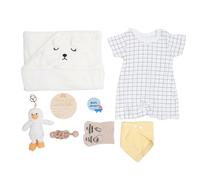 Fdit Coffret Cadeau bébé Hochet en Bois Drôle Jouet Bavoirs Chaussettes et Poupée pour nouveau-né bébé Douche Cadeaux Panier pour Fête Bois de Bouleau (WHITE)