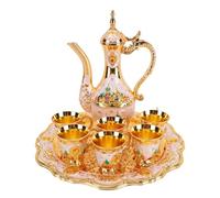 Fdit Ensemble de Cafetière Turque Vintage, Service à thé en Métal inspiré du Château, Kit de Cafetière à Vin avec Plateau et 6 Tasses pour la Décoration de Fête à Domicile (Ensemble blanc doré)