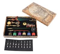 Fdit Ensemble de Stylos à Plume D'écriture, Style Rétro Européen avec 18 Plumes, 6 Stylos à Encre en Verre, Bois, Laque de Feu, Cire, Boîte Cadeau (SP271935R saupoudré d'or et vert foncé (rond)