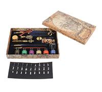 Fdit Ensemble de Stylos à Plume Européens, Kit D'écriture Rétro avec 18 Plumes de Rechange, 6 Bouteilles D'encre, Stylos à Tremper en Bois, Verre, (SP271902R parsemé d'or et de bleu saphir)