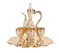 Fdit Ensemble de thé Turc, Théière en Alliage en Alliage en Zinc 7 Pièces avec Plateau de 6 Tasses, Cafetière Vintage en Métal pour Adultes Décor de Mariage de Mariage (or blanc)