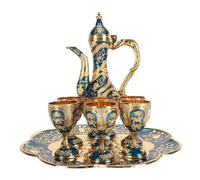 Fdit Ensemble de thé Turc, Théière en Alliage en Alliage en Zinc 7 Pièces avec Plateau de 6 Tasses, Cafetière Vintage en Métal pour Adultes Décor de Mariage de Mariage (Or Bleu)