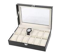 Fdit Grande boîte à montres en cuir synthétique à 12 emplacements pour montres et bijoux - Avec couvercle en verre et verrou en métal - Pour homme et femme (noir)
