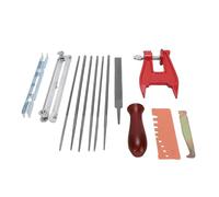 Fdit Kit de Lime D'affûtage de Chaîne 11 Pièces avec étau de Souche Limes Rondes Lime Plate Manche en Bois Jauge de Profondeur Nettoyeur de Rainure Guide de Vérification Rapide Sac