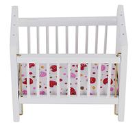 Fdit Modèle de Mini Lit avec Matelas à Motif Fraise, Garde-Corps de Lit Push-up vers Le Haut et vers Le Bas, Meubles de Simulation pour Maison de Poupée, Matériau en Bois