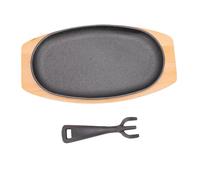 Fdit Poêle Fajita, Petite Assiette à Steak Grésillante Ovale en Fonte avec Plateau en Bois et Poignée de Levage pour Restaurant Barbecue Cuisine Maison