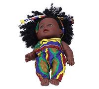 Fdit Poupée bébé Africain en Vinyle de 30 Cm avec Cheveux Bouclés, Yeux en Acrylique de Haute qualité, Bandeau Inclus pour Enfants de 3 Ans et Plus (Q12.040 Salopette Batik)