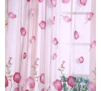 Fdit Rideau en Voile Panneau Fenêtre Motif de Tulipes Impression Florale Tulle Sheer Drapé Balcon Diviseurs Écran Floral Gland pour Chambre Salon Chambre Decor 100 * 200cm(Rose)