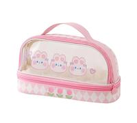 Fdit Trousse Transparente Sac à Stylos Dessin animé Double Couche Grande capacité Légère avec Poignée pour Le Rangement de Maquillage de Papeterie de Voyage Scolaire (Lapin Rose)