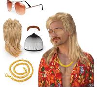 Fdjhy-5pcs Kit Perruque Hommes Blonde Mulet Années 80 - Perruque Disco, Longue Perruque Blonde, Lunettes De Soleil, Collier, Barbe - Costume Cosplay Halloween, Fête Déguisée, Style Rock 80s