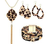 fdsmall 3 pièces Bohémie Léopard bijoux Set Léopard imprimer collier multicouche cuir Wrap bracelets boucles d'oreilles en cuir Teardrop boucles d'oreilles trapézoïdes Jour de Noël bijoux (03)