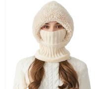 fdsmall Bonnet à Pompon pour Femme, Masque d'hiver Chaud en Polaire Coupe-Vent à Capuche, écharpe doublée en Polaire, Chapeau de Ski d'hiver (FR/ES, Alpha/Lettres, Taille Unique, Beige)