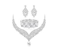 fdsmall Collier boucles d'oreilles bracelet ensemble brillant strass cristal vintage floral teardrop mariage bijoux ensemble cristal pendentif collier boucles d'oreilles Dangle lien bracelet (Silver)
