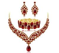 fdsmall Collier boucles d'oreilles bracelet ensemble brillant strass cristal vintage floral teardrop mariage bijoux ensemble cristal pendentif collier boucles d'oreilles Dangle lien bracelet (Red)