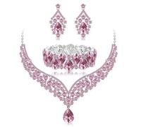 fdsmall Collier boucles d'oreilles bracelet ensemble brillant strass cristal vintage floral teardrop mariage bijoux ensemble cristal pendentif collier boucles d'oreilles Dangle lien bracelet (Pink)