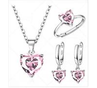 fdsmall Jeu de bijoux pour femmes Glamour Teardrop Cubique Zirconia Pendentif Collier Boucles d'oreilles de cercle Jeux de bague ouverte de tennis Bijoux Cadeaux de mariage (Pink)