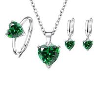 fdsmall Jeu de bijoux pour femmes Glamour Teardrop Cubique Zirconia Pendentif Collier Boucles d'oreilles de cercle Jeux de bague ouverte de tennis Bijoux Cadeaux de mariage (Green)