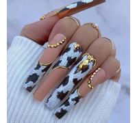 fdsmall Lot de 24 faux ongles carrés extra longs à presser avec diamants dorés pour femme (imprimé vache)