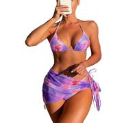 fdsmall Women's Bikini Set Low Waist Swimwear 3-Piece Swimsuit Tie Dye High-Cut Swimming Trunks Beach Wear (FR/ES, Alpha/Lettres, Grand, Taille Normale, Rose 02)