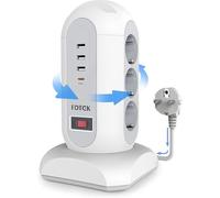 FDTEK 9 Prises Tour Multiprise avec Interrupteur de Protection Contre Les Surcharges avec 3 USB-A et 1 USB C, Prise Multiple avec Rétractable Cordon de 1,8M, Multiprise USB C (2500W/10A) pour Maison