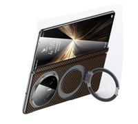 FDUJINH Housse Cuir pour Honor Magic V5, Magnétique Anneau Béquille Coque Arrière Luxe Fibre Carbone Texture Charnière Antichute Étui,Marron,V5