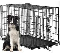 FDW Cage pour chien de grande taille - Cage pliable en métal - Double porte avec panneau de séparation - Pour intérieur et extérieur - Plateau en plastique étanche - 122 cm - Noir foncé