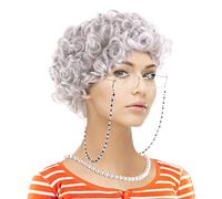 Feacole Ensemble de cosplay pour fille - Perruque grand-mère, bonnet de perruque, lunettes Madea Granny, chaîne de maintien de lunettes, collier de perles (5 pièces) (Style 5)