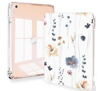 Feams Étui pour iPad 9e/8e/7e génération 10,2", Coque arrière Transparente à Trois Volets avec Porte-Crayon et Mise en Veille/réveil Automatique pour iPad 9e/8e/7e génération 2021/2020/2019, Fleurs