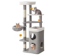 Feandrea Arbre à Chat 150 cm de Haut, Tour de Jeux à Plusieurs Niveaux | 2 Grandes Niches, 1 Hamac, 3 Poteaux à Griffer, 3 Plateformes, Gris Tourterelle PCT007G01