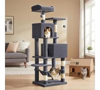 Feandrea Arbre à Chat 155 cm de Hauteur, Tour de Jeux, avec 5 Poteaux à Griffer, 2 Plateformes, 2 Niches, Un Hamac, 2 Pompons, Tissu Peluche, Multi-Niveaux, Gris Foncé PCT192G01