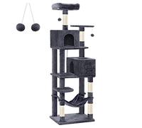 Feandrea Arbre à Chat 191 cm de Hauteur, Tour de Jeux, avec 5 Poteaux à Griffer, 2 Plateformes, 2 Niches, Un Hamac, 2 Pompons, Tissu Peluche, Multi-Niveaux, Gris Foncé PCT191G01