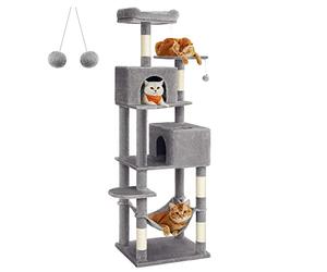 Feandrea Arbre à Chat 191 cm de Hauteur, Tour de Jeux, avec 5 Poteaux à Griffer, 2 Plateformes, 2 Niches, Un Hamac, 2 Pompons, Tissu Peluche, Multi-Niveaux,Gris Clair PCT191W01
