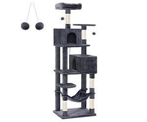 Feandrea Arbre à Chat 191 cm de Hauteur, Tour de Jeux, avec 5 Poteaux à Griffer, 2 Plateformes, 2 Niches, Un Hamac, 2 Pompons, Tissu Peluche, Multi-Niveaux, Gris Foncé PCT191G01
