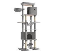 Feandrea PCT195G01 Arbre à chat XXL, 201 cm, multi-niveaux, avec 1 plate-forme, 1 panier, 2 niches, 2 hamacs et protection anti-basculement, gris clair