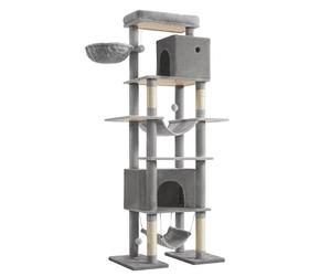 Feandrea Arbre à Chat 200 cm, Multi-Niveaux, 2 Niches, 2 Hamacs | Forme de Tour, Taille XXL, 2 Plateformes, 1 Panier, Dispositif Anti-Basculement, Gris Tourterelle, CLAWFY PCT195G01