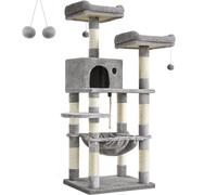 Feandrea Arbre à Chat Hauteur 143 cm, Tour de Jeux pour Chat, avec 11 Poteaux à Griffer, 2 Plateformes, 1 Niche, 1 Hamac, 2 Pompons, en Tissu Peluche, Plusieurs Niveaux, Gris Clair PCT15W