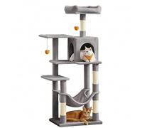Feandrea Arbre à chat avec griffoirs, perchoirs, cabane, hamac et pompons gris clair - 143 cm