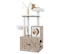 Feandrea Arbre à Chat avec Maison de Toilettes, Hauteur 150 cm, Cache-litière, Bâtons avec Pompons Amovibles, Grège