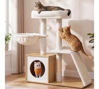 Feandrea Arbre à Chat, avec Niche et Griffoir, 3 Niveaux, 80 cm | Meuble Chat avec Hamac, 70 x 30 x 80 cm, Pour Petits Espaces, Beige Chêne et Blanc Nuage, Collection Caen PCT302Y101