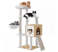 Feandrea Arbre à Chat, avec Niche et Griffoir, 5 Niveaux, 131 cm | Meuble Chat avec Hamac, 48 x 40 x 131 cm, Pour Petits Espaces, Beige Chêne et Blanc Nuage, Collection Caen PCT304Y101