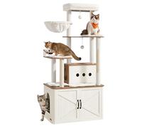 Feandrea Arbre à Chat de 170 cm, avec Cache-Litière, Niche, Station d’Alimentation, Rangement, Poteaux à Griffer, Hamac, Coussins Lavables, Marron Miel et Blanc Rustique PCT169W201