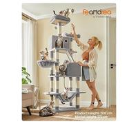 Feandrea Arbre à chat Grande Tour, 206 cm, 13 poteaux, 2 perchoirs, 2 niches, panier, hamac, pompons, gris clair