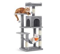 Feandrea Arbre à Chat Hauteur 112 cm, Tour de Jeux pour Chats, avec 4 Poteaux à Griffer, 2 Plateformes, 1 Niche, 1 Hamac, 2 Pompons, en Tissu Peluche, Multi-Niveaux, Gris Clair PCT261W01