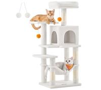 Feandrea Arbre à Chat Hauteur 112 cm, Tour de Jeux pour Chats, avec 4 Poteaux à Griffer, 2 Plateformes, 1 Niche, 1 Hamac, 2 Pompons, en Tissu Peluche, Multi-Niveaux, Blanc Crème PCT261T01
