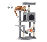 Feandrea Arbre à Chat Hauteur 112 cm, Tour de Jeux pour Chats, avec 4 Poteaux à Griffer, 2 Plateformes, 1 Niche, 1 Hamac, 2 Pompons, en Tissu Peluche, Multi-Niveaux, Gris Clair PCT261W01