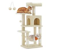 Feandrea Arbre à Chat Hauteur 112 cm, Tour de Jeux pour Chats, avec 4 Poteaux à Griffer, 2 Plateformes, 1 Niche, 1 Hamac, 2 Pompons, en Tissu Peluche, Multi-Niveaux, Beige PCT261M01